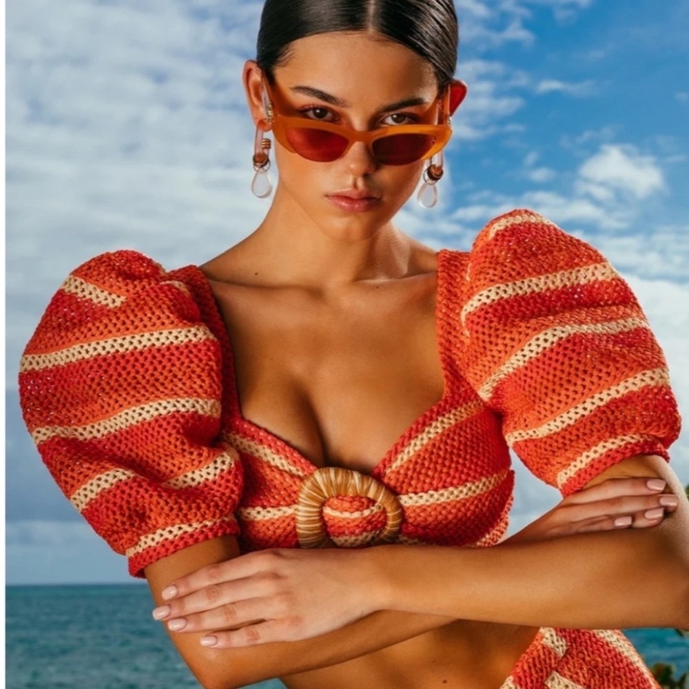 PatBO Striped Crochet Cropped Top Size 4 Orange Puff Sleeve - Picture 2 of 11